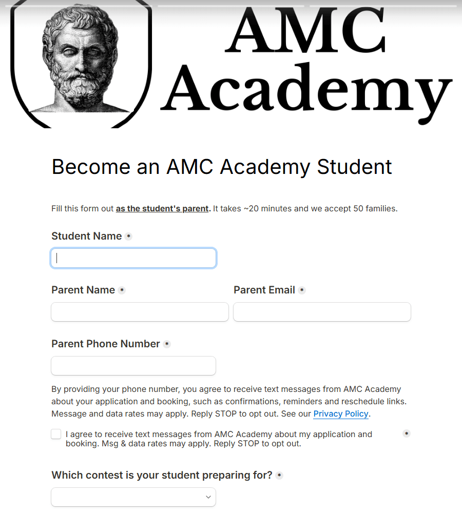AMC Academy application form showing the parent phone number field, the text message disclosure, and the required consent checkbox